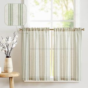 jinchan Striped Linen Kitchen Curtains 24 Inch Cafe Tier Curtains Balanced Stripe Farmhouse Small Drapes for Bathroom Laundry Over Sink Half Window Light Filtering 2 Panels Sage Green on Linen