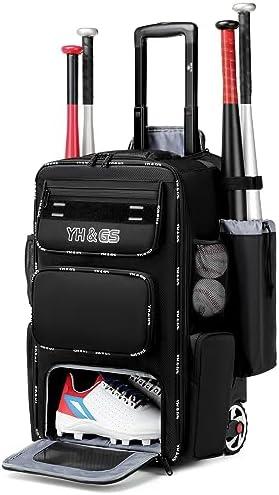 GOTECH Rolling Baseball Bag,Wheeled Softball Bag with Fence Hook for TBall Bat & Equipment,Lightweight Baseball Bat Bag with Shoe Compartment