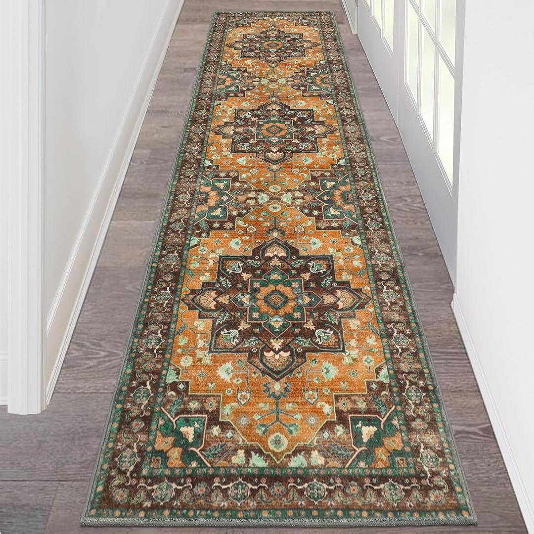 HEBE Hallway Runner Rug 2'x8' Washable Vintage Distressed Area Rugs Non Slip Laundry Rug Runner Boho Floor Carpet Runners for Hallways Entryway Laundry Room Kitchen Bathroom (Rust/Orange)