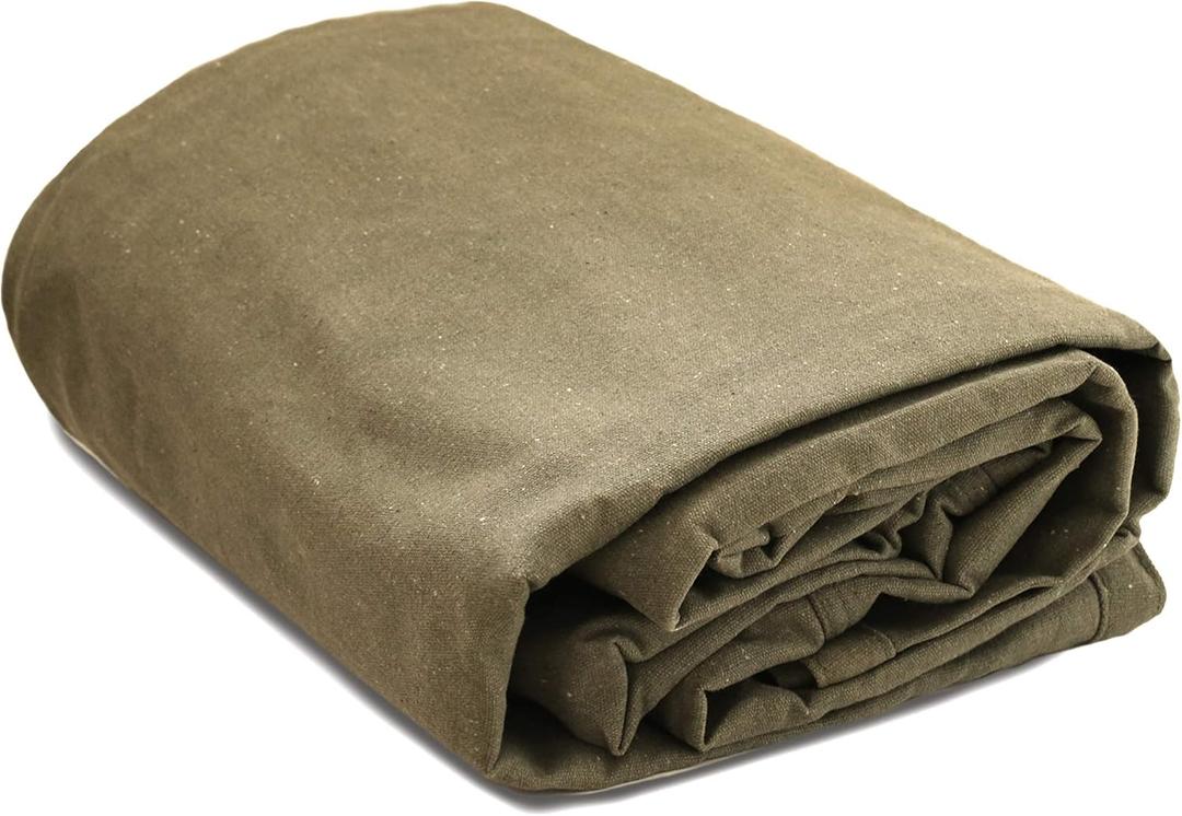 WHITEDUCK Canvas Tarp 18 oz. Heavy Duty Water Repellent UV Resistant, Rustproof Grommets, Industrial & Commercial Use Cloth Tarp (Cut Size: 8'x10', Finished Size: 7'6"x9'6", Olive Drab)