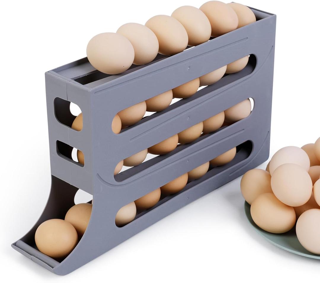 BoxedHome 4 Tiers Egg Holder for Fridge, 2024 New Automatic Scrolling Egg Rack Holder, Space-Saving Egg Dispenser Holder, Large Capacity Eggs Organizer Storage 30 Egg for Fridge, Gray (Grey)