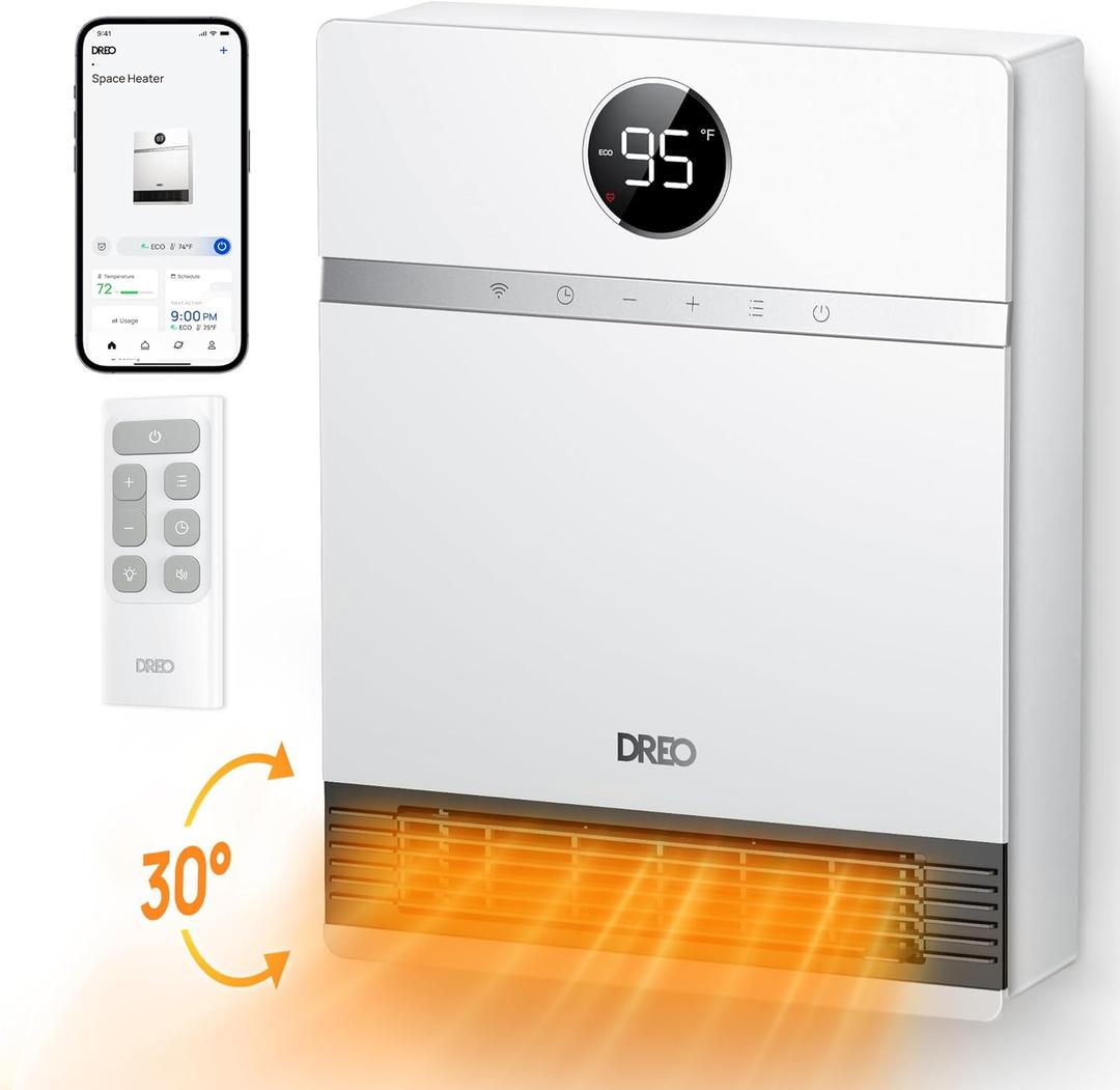 Dreo Smart Wall Heater, IP24 Electric PTC Space for Indoor Use, 30 Oscillation, Adjustable Thermostat, Remote Control, Works With Alexa, 24H Timer, Easy-Mounted for Bedroom, Office (White)