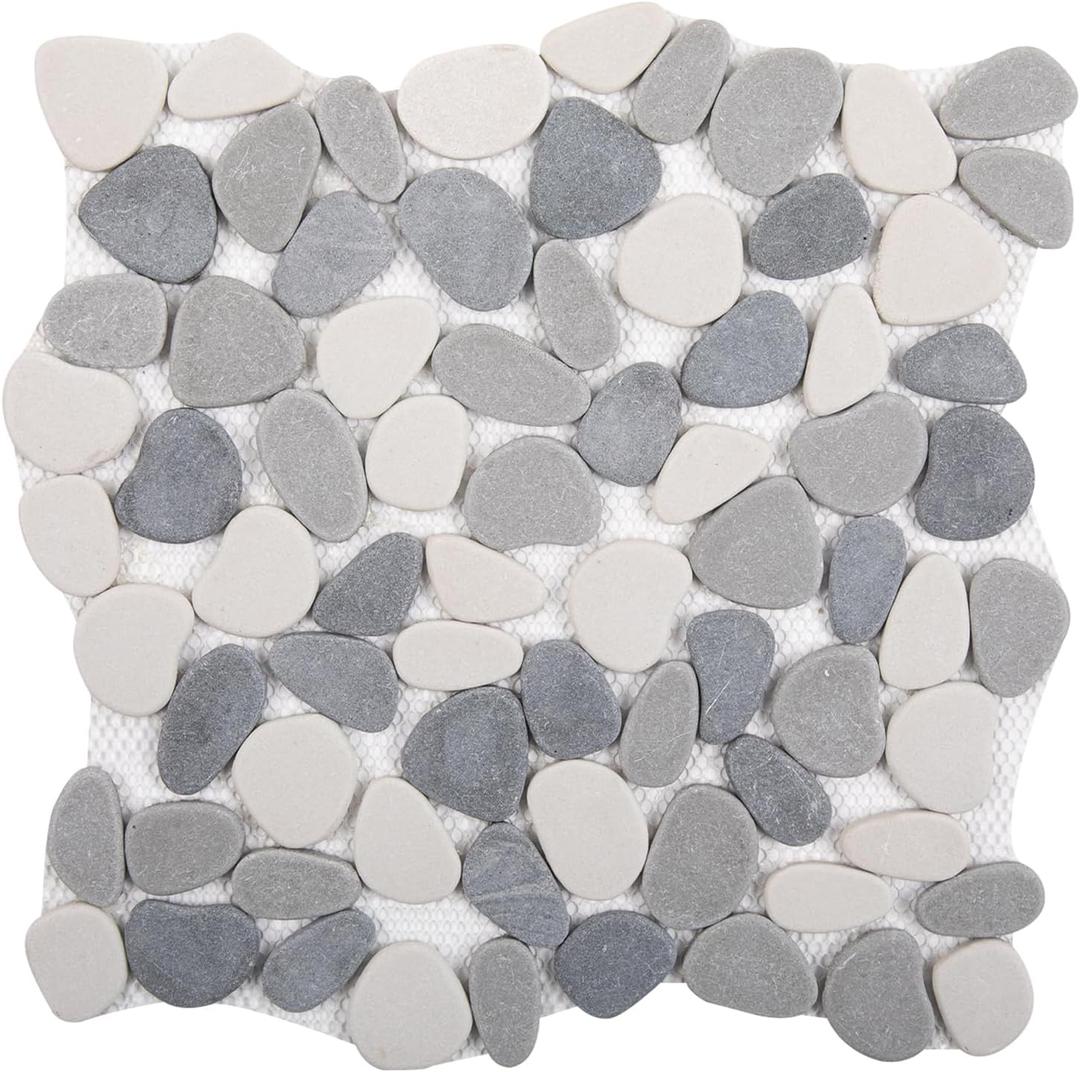 Pebble Tile for Shower Floor, Grey with White Pebble Mosaic Backsplash, Bathroom Shower Floor Kitchen Backsplash Tiles Pack of 5 Sheets (11.8x11.8 Inch)