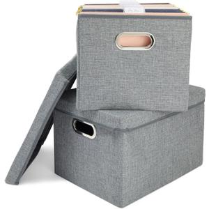 Stockroom Plus 2 Pack Decorative File Boxes Storage with Lids, Filing Organizer Hanging Document Container, Gray, 15.4" x 12.4" x 10"
