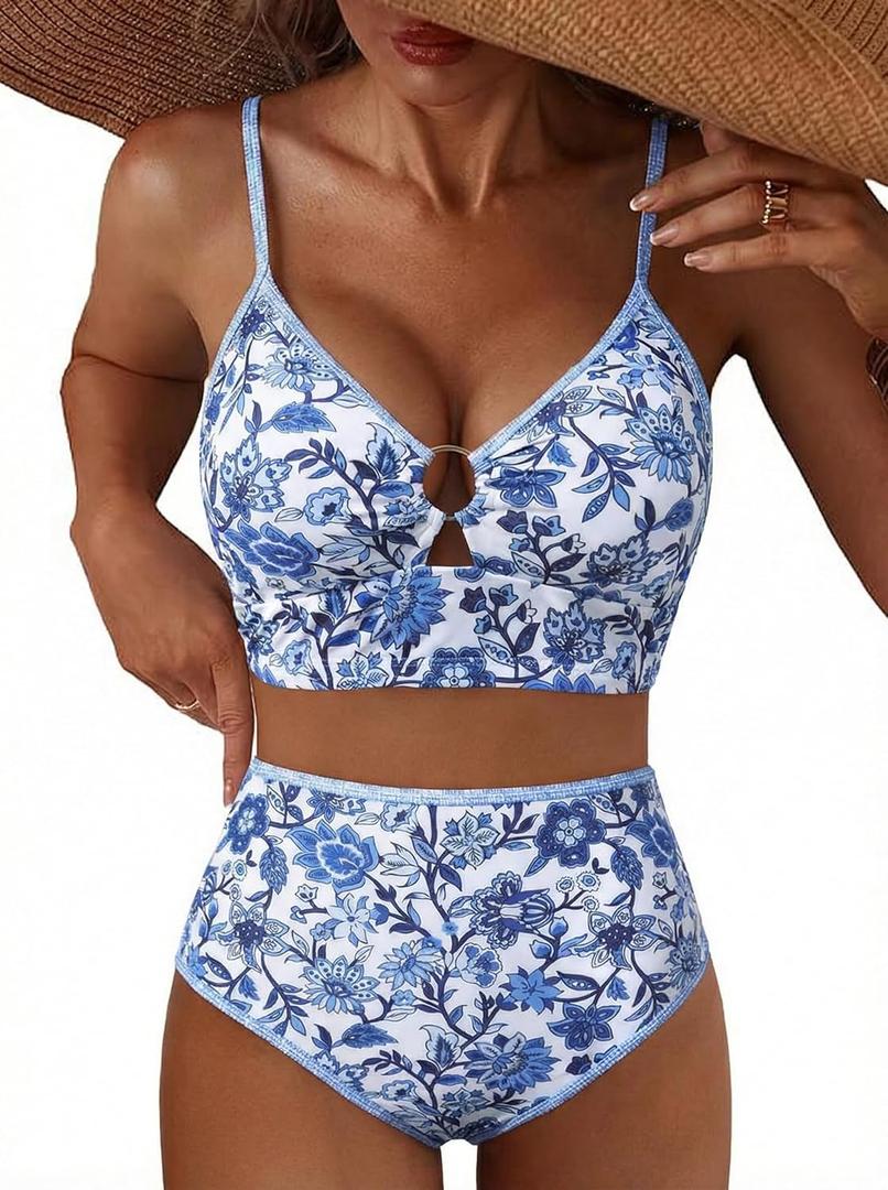 Herseas Women's O Ring Bikini Sets 2 Pieces Floral Print Swimsuits High Waisted Bathing Suits (Large)