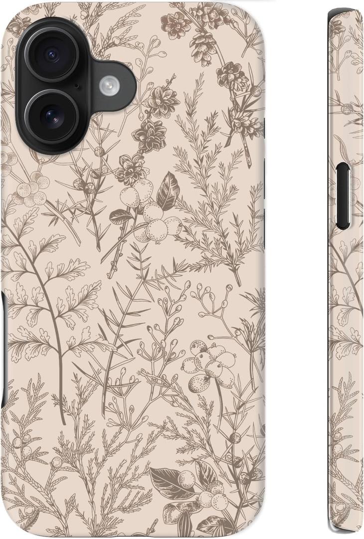 for iPhone 16 Plus Case Cute  Wireless Charging Compatible  Dual-Layer Shockproof Protection with Stylish Wildflower Design  Protective Cover for Women - Beige Botanical Floral
