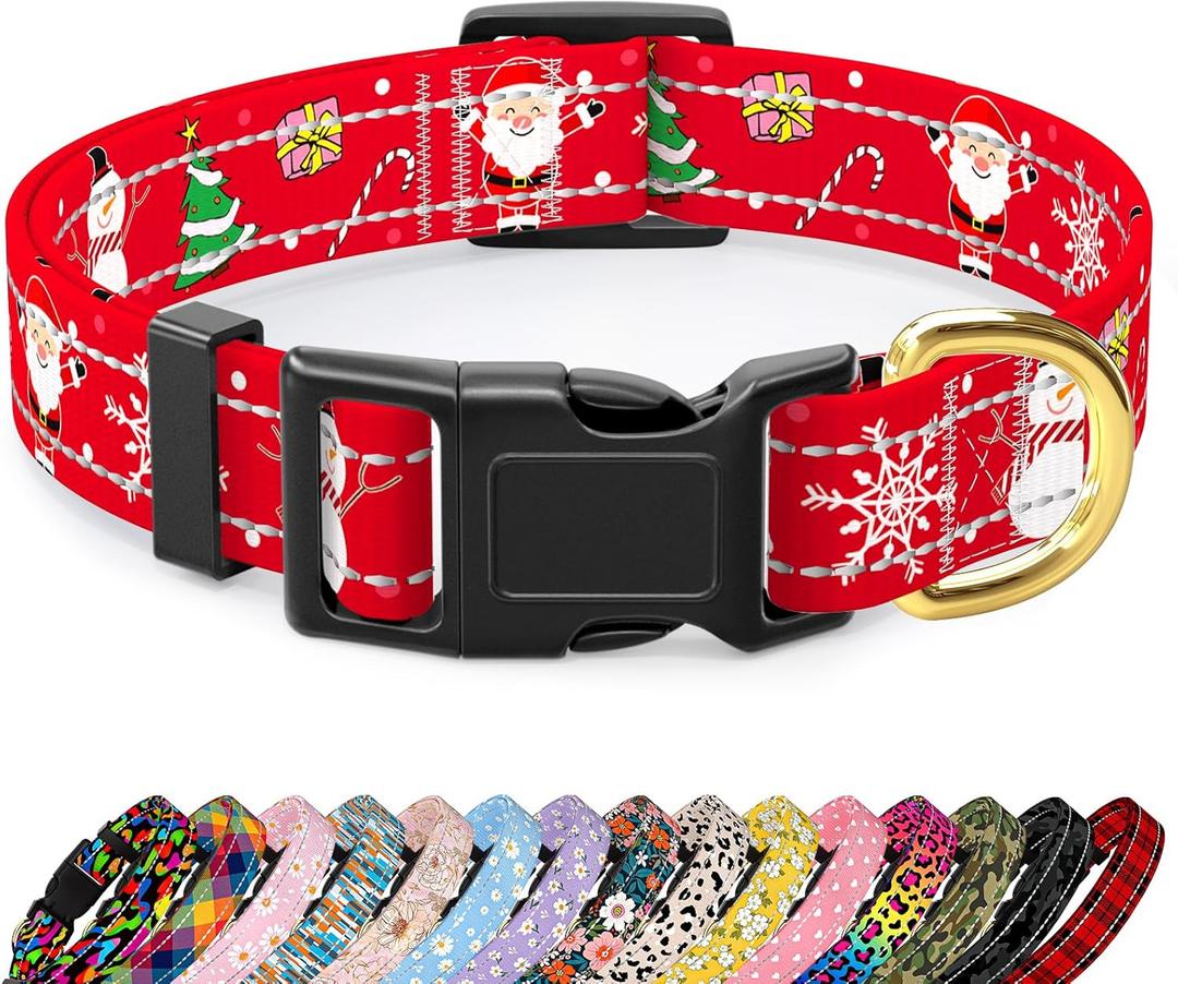 2 x Reflective Dog Collar, Cute Christmas Style Dog Collars for Medium Dogs, Soft Nylon Puppy Collar for Boy and Girl Female Dog, Adjustable Heavy-Duty Pet Collar with Quick Release Buckle, Red (M (Neck 14-20", Width 1"))
