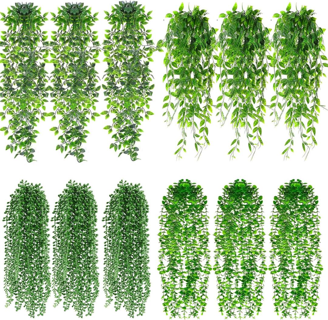 Daifunli 12 Pcs Artificial Hanging Plants Fake Hanging Ferns Plastic Faux Plants for Wall Room Garden Garland Indoor Outdoor Decor No Basket (Eucalyptus,Mandala,String of Pearls,Pea)