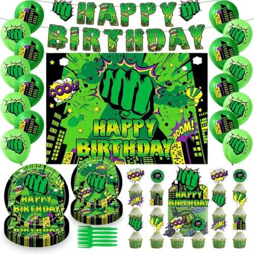 Green hero Birthday Party Decorations Set, Super Theme Hero Party Supplies, Hero Fans Disposable Dinnerware Set for Kid Hero Cityscape Birthday Baby Shower Table Party Decoration