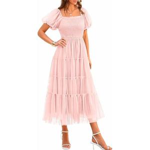 Kaei&Shi V Neck Midi Dress for Women,Puff Sleeve Empire Waist Plaid Organza Dresses,Elegant Formal Wedding Guest Outfits Light Pink Medium