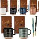 Potchen 18 Pcs 18 Pcs Christian Fathers Day Church Gift 13oz Bible Verse Ceramic Coffee Mugs with Leather Journal Pen Inspirational Religious Gift for Male Teacher Nurse Pastor (Bible,Neutral Brown)