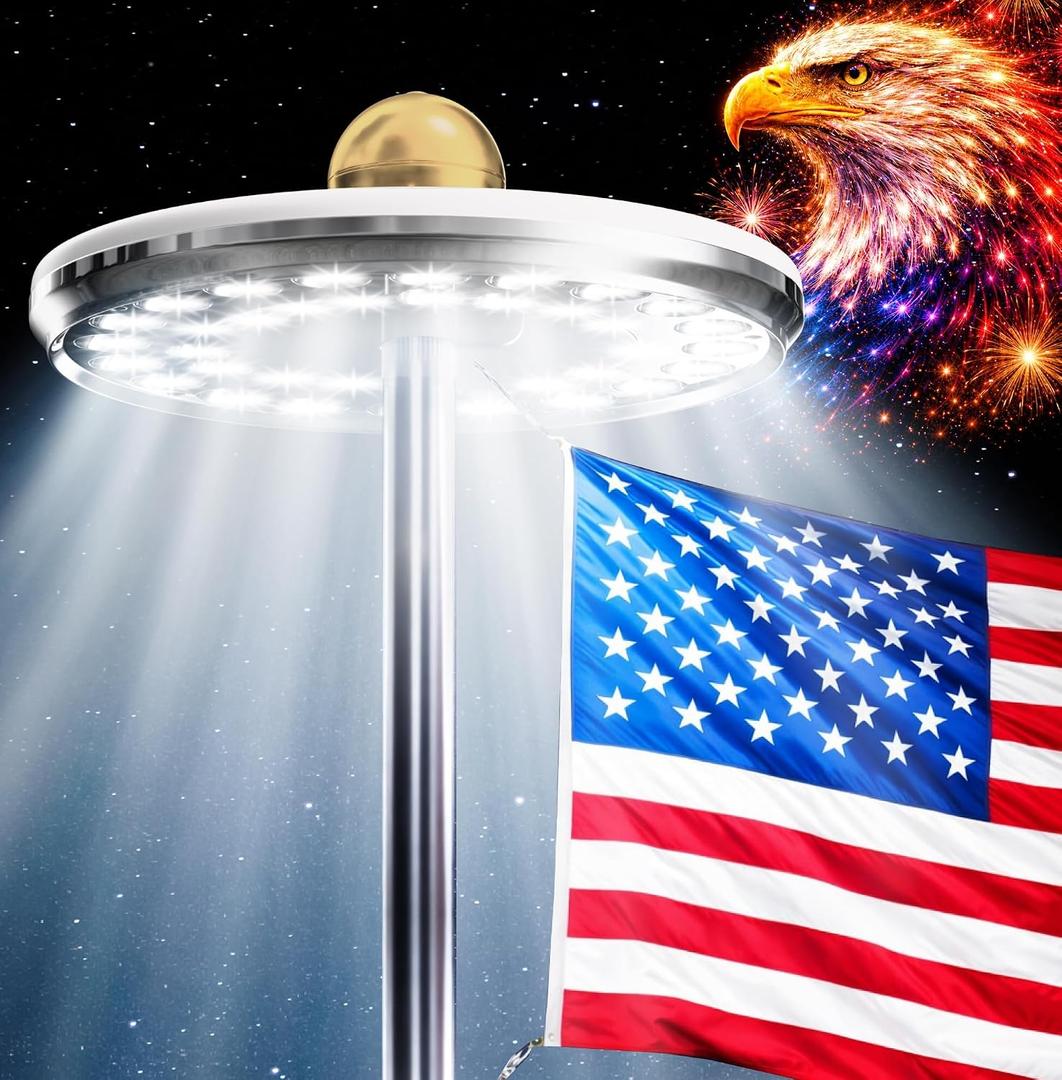 Deneve Deluxe Solar Powered Flagpole Lamp Dusk to Dawn 12+ Hours, 26 LED, 1300 Lumen Outdoor Lighting for American Flag, Garden Decor, House Decor, 100% Coverage Silver Model