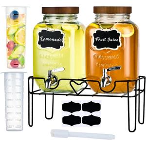2 Pack1Gallon Glass Drink Dispenser with Stand&Bamboo Lids&Fruit Infuser,304 Stainless Steel Leak-Proof Spigot,Beverage Dispenser for Parties,Water Sangria Juice Sun Tea Lemonade(Brown)