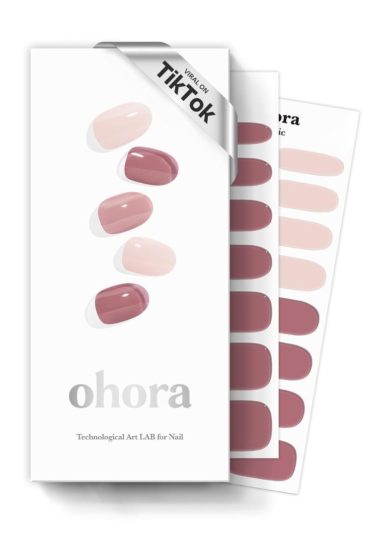 ohora Semi Cured Gel Nail Strips (N Elle) - Nude, Solid, Works with Any UV/LED Lamps, Salon-Quality, Long Lasting, Easy to Apply & Remove - Includes 2 Prep Pads, Nail File & Wooden Stick