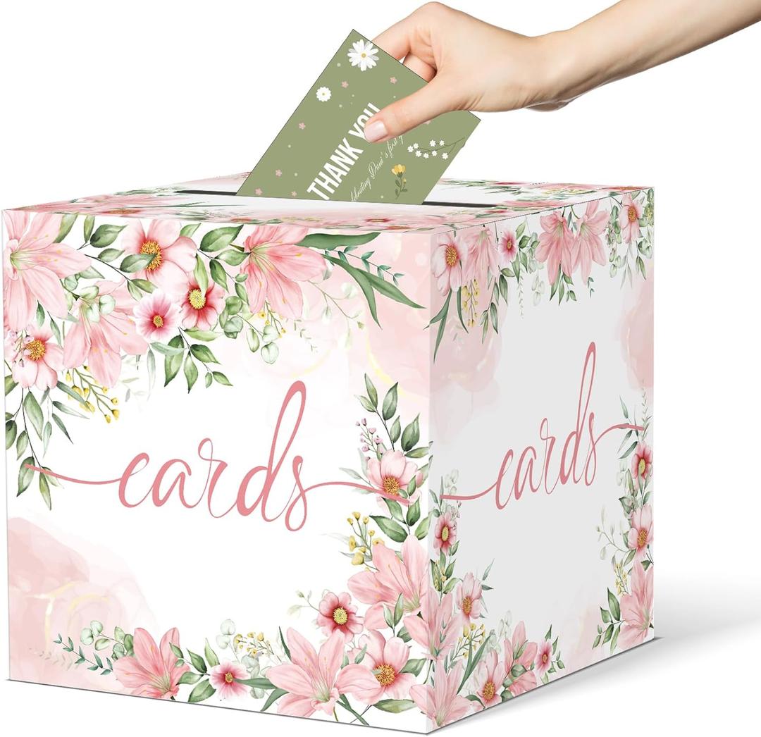 Watercolor Pink Floral Card Box Wedding Card Box Holder Gift Cards Receiving Box for Party Graduation Bridal or Baby Showers, Raffle Ticket Box Money Box for Birthday Party Retirements Anniversaries