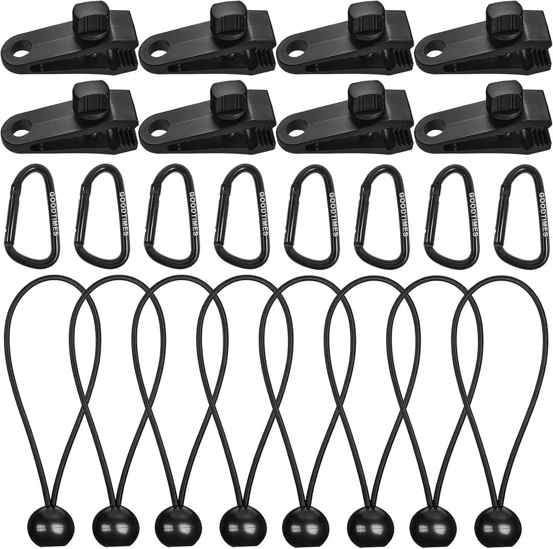Tarp Clips Lock Grip Tarp Clamps with Bungee Cord and Carabiner for Tent Camping Awnings Caravan Canopies Car Cover Swimming Pool Cover Boat Cover Fasteners Clips 24 Pcs