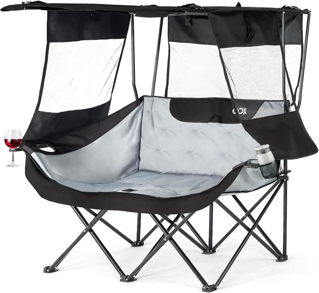 OOX Folding Camping Chair with Shade Canopy for Outdoor Sports,Oversized Fully Padded Camping Couch Double Duo Chair,Sturdy Love Seat Camping Chair with Cup Hold for Camp,Beach,Fishing-Grey