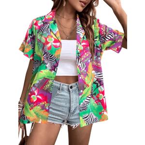 ALLTB Hawaiian Shirts for Women Tropical Floral Printed Hawaii Shirts Button Down V Neck Short Sleeve Blouses Tops (M)