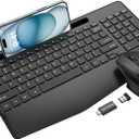 Wireless Keyboard and Mouse Combo, Ergonomic Keyboard with Wrist Rest, Phone Holder, Sleep Mode, 2.4G Lag-Free Rechargeable Silent Cordless Keyboard Mouse Set for Windows, Mac, Laptop, PC (Black)