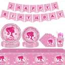 194 Pcs Pink Princess Party Supplies Kit for 24 Guests - Disposable Tableware Set with Plates Napkins Cups Cutlery Tablecloth & Banner, Ideal for Girls' Birthday Decorations