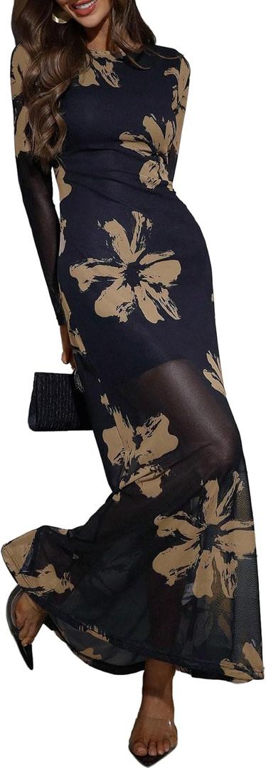 Verdusa Women's Floral Mesh Maxi Dresses Elegant Formal Long Sleeve Spring Wedding Guest Dress Cocktail X-Large, Dark Blue