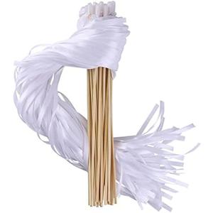 100PCS Ribbon Stick Wands Wedding Streamers with Silk Fairy Stick Wand for Wedding Party Baby Shower Send Off Party Activities Holiday Celebration Favors (White-100PCS)