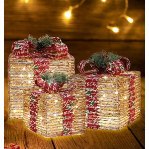 FurniCleevor Large Lighted Gift Boxes Outdoor  34.5" Stacking Boxes Set of 3, PreLit with 200 Warm White LEDs, Plugin UL Certified for Yard & Indoor Holiday Decorations
