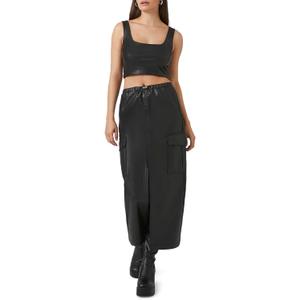 Forever 21 Women's Faux Leather Maxi Slit Skirt (Medium, Black)