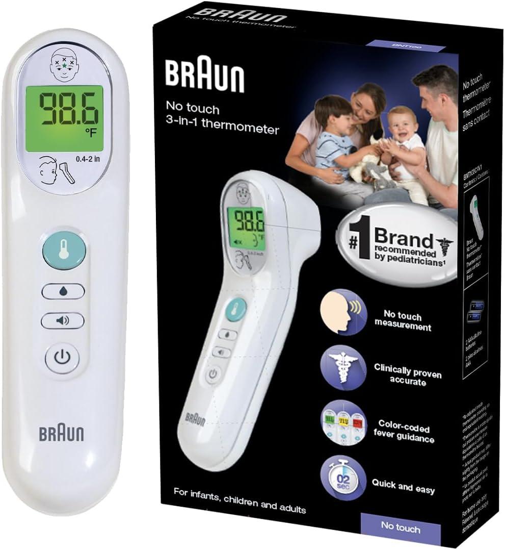 Braun No Touch 3-in-1 Thermometer, Measures Forehead, Liquid and Food Temps, Professional Accuracy and Color Coded Fever Guidance for Babies, Kids, Toddlers and Adults, FSA and HSA Eligible