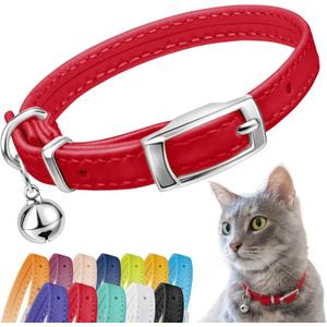 CollarDirect Leather Cat Collar with Bell - Kitten Collar, Small and Big Cat for Boy Cats, Girl Cats with Safety Elastic Strap (Neck Fit 8"-11", Red)