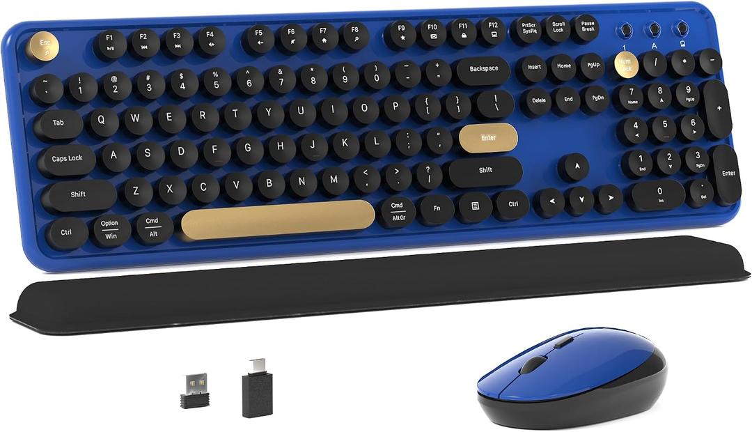 MPTOG Colorful Wireless Computer Keyboard and Mouse Combo with Round Typewriter Keycaps, Retro Design, Power Switch, Ergonomic Design, 2.4GHz Wireless for Windows, Mac, PC(Black-Blue)