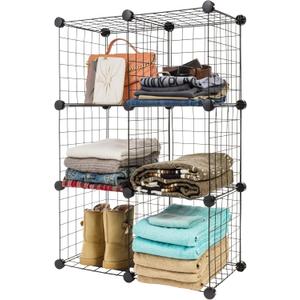 IRIS USA 6-Cube Modular Wire Cube Storage Organizer, Adjustable & Expandable Metal Shelving for Closet, Bathroom & Home Storage, Stackable Wire Grid, Black