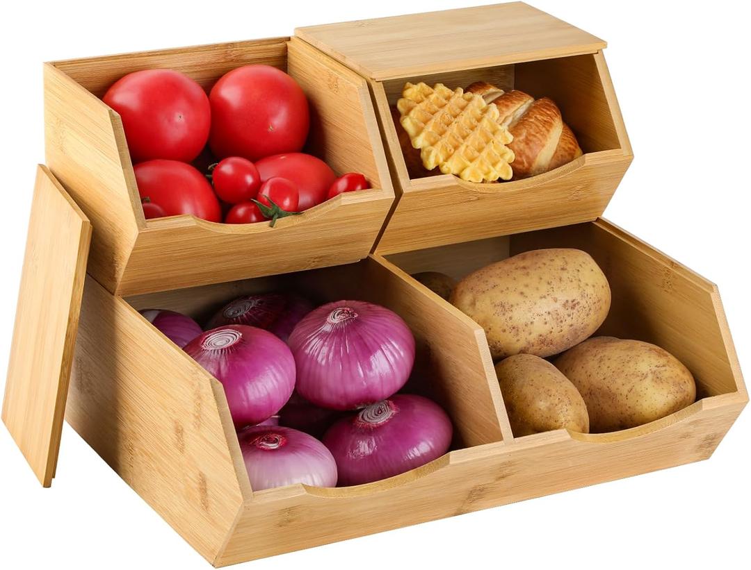 Bamboo Pantry Storage Bins with Lid - Stackable Baskets, Potato and Onion Storage, Wood Storage Bins for Pantry Baskets Organization and Storage, Kitchen Essential, Set 3 Pieces
