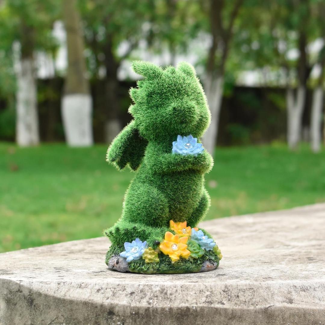 Solar Dragon Statue Garden Decor Green Flocked Resin Figurine with LED Flower Lights, Outdoor Waterproof Lawn Ornament for Patio Lawn Yard Pathway Tree Cute Animal Lover Gift