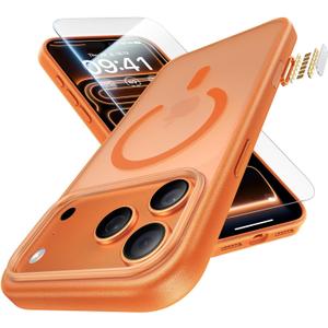 3 in 1 Magnetic Shockproof for iPhone 17 Pro Max Case, [Fit for MagSafe] [TOP Military Protection] 1X Screen Protector+1X Wrist Strap, Camera Control Cover for iPhone 17 ProMax Translucent Orange