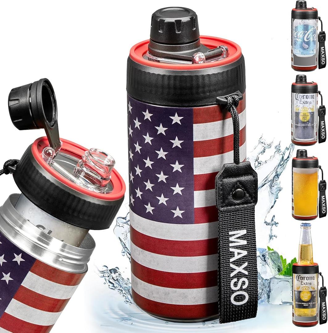MAXSO Sealed Can Cooler Fizz Lid Can Cover for 12 oz Regular, Slim Skinny Cans & As Thermal Bottle, 4-in-1 Insulated Vacuum Stainless Steel Carbonated Cold Drink Holder - Stars