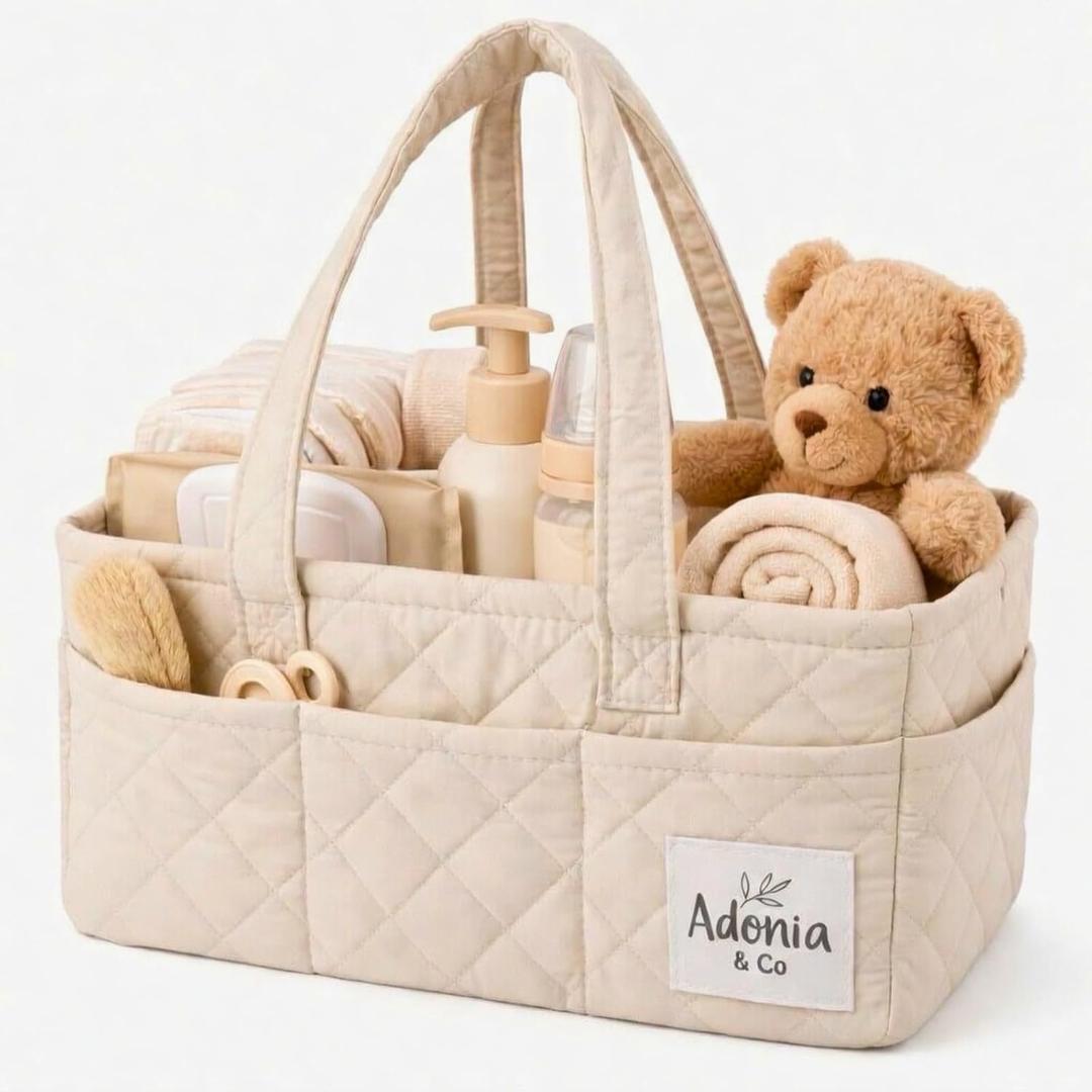 Adonia & Co Diaper Caddy Organizer Baby Essentials Organizer, Nursery Storage Basket for Diapers, Wipes & Newborn Essentials Portable, Machine Washable, Structured Design (Beige)