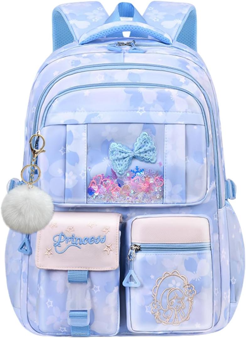 Kids Backpack School Bags for Girls, Cute Princess Backpack Multi-pocket Elementary School Students Bookbag for Girls, Blue