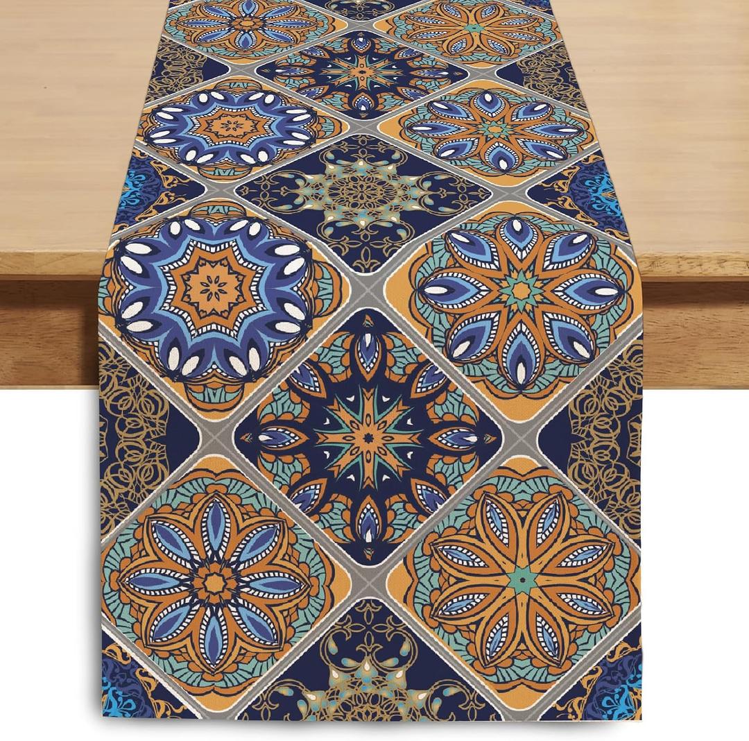 Boho Bohemian Table Runner 90 Inches Long, Vintage Seasonal Blue Table Runners for Party Kitchen Dining Coffee Table Bedroom Dressers Indoor Outdoor, Machine Washable (Bohemian C, 13” x 90”)