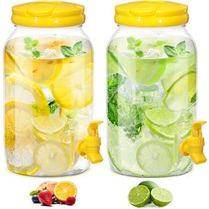 Havawish 2 Pcs 1 Gallon Plastic Beverage Dispenser with Spigot Clear Summer Kitchen Fridge Drink Dispenser for Parties Lemonade Juice Tea Beer Cold Water(Yellow,Cylinder)