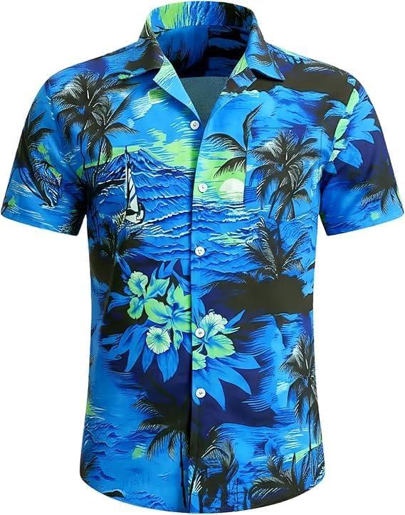 Men's Hawaiian Shirt Short Sleeves Printed Casual Button Down Funky Summer Tropical Holiday Beach Male Shirts (Blue, Large)