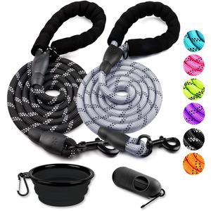 COOYOO 2 Pack Dog Leash 6 FT Heavy Duty - Comfortable Padded Handle - Reflective Dog Leash for Medium Large Dogs with Collapsible Pet Bowl (Set 5-Black+Grey)