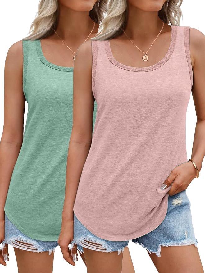 Olankaro Womens 2 Pack Tank Tops Loose Fit Basic T-Shirts Solid Color Casual Flowy Crew Neck Sleeveless Summer Tops 2025 Trendy Clothes Outfits(Blue+Wine, Large)