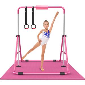 RINREA Gymnastic Bars for Kids with Adjustable Height, Folding Gymnastic Training Kip Bar, Expandable Horizontal Bar for Home (Pink with Mat)