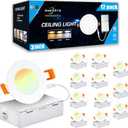3 Inch Led Recessed Light - 3000K/ 4000K/ 5000K 3 Color Selectable, 6W=45W 450Lm Ultra-Thin Dimmable Downlight Wafer Ceiling Light with Junction Box - ETL and Energy Star Certified(12 Pack)