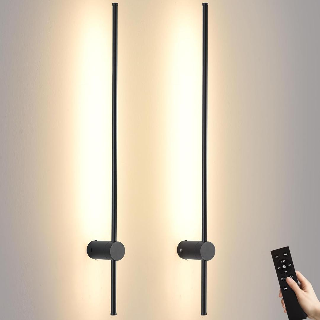 LED Wireless Wall Sconce with Remote Control, Dimmable/350 Rotate/Timing/USB Rechargeable Battery Powered Indoor Wall Lamps, 39.9 inch Black Wall Lights Set of Two for Hallway, Living Room, Bedroom