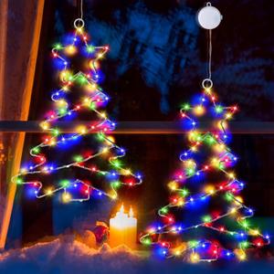 2Pcs Christmas Window Lights, Battery Powered Christmas Tree Lights Metal Framed Hanging Christmas Window Decorations with Suction Cup &Timer for Xmas,New Year,Indoor Fireplace Outdoor Décor
