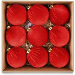 Velvet Ornaments for Christmas Tree Decorations - Red Xmas Ball Ornament for Indoor Holiday Decor - Shatterproof Christmas Bulbs Ornaments 80mm 3.15inch - Pack of 9