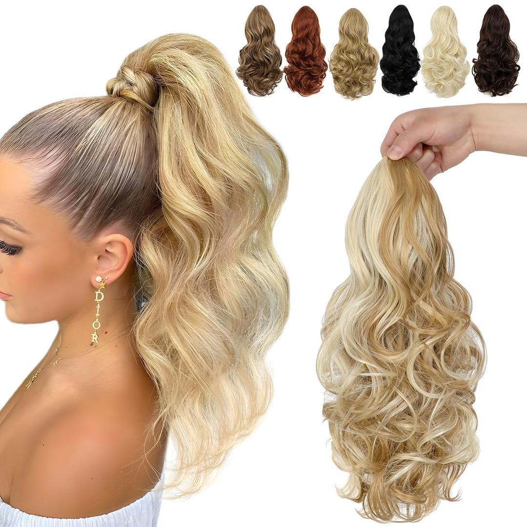 FELENDY 15" Ponytail Extension Drawstring Curly Wavy Ponytail Extensions Clip in Long Pony Tails Hair Cute Synthetic Piece for Women Ash Blonde Mix Bleach Blonde (15 Inch (Pack of 1))