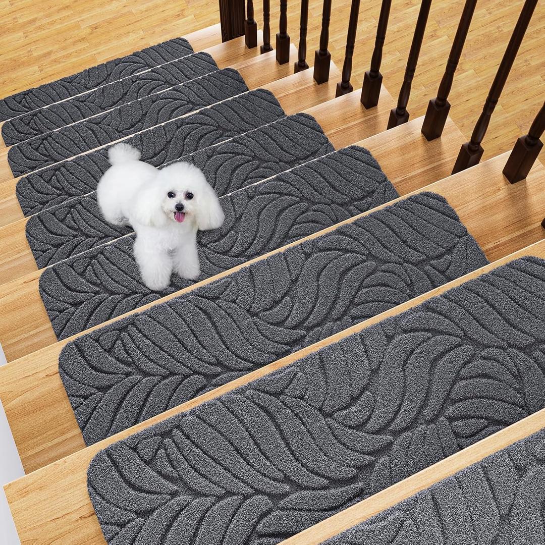 Stair Treads Non Slip for Wooden Steps, 8" X 30" (15-Pack) Stair Runner Carpet Treads Indoor with Reusable Adhesive, Stairslide Carpets Rugs Safety Mats for Elders, Kids & Dogs (Grey Leaf)